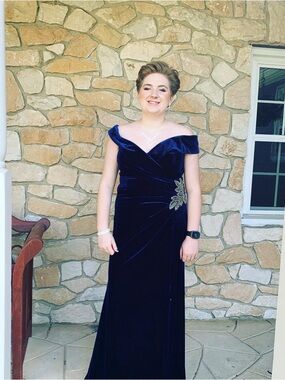 Alex Evenings Navy Off-Shoulder Velvet Gown with Embellished Waist